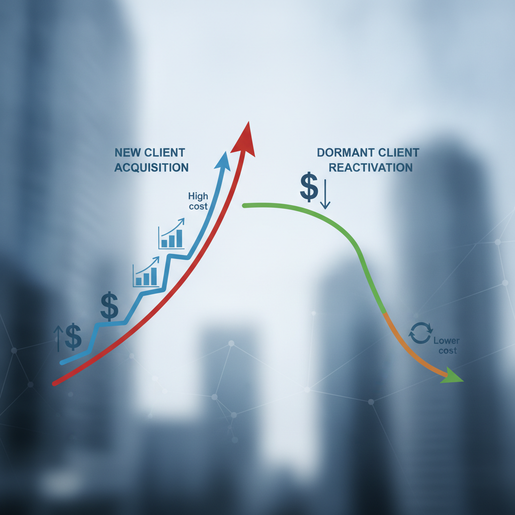 Abstract business diagram showing a cost comparison visualization between two paths: one ascending line representing new client acquisition with high cost, one descending line representing dormant client reactivation with lower cost. Include icons for growth metrics, dollar signs, and upward/downward arrows. Professional corporate style, no faces.