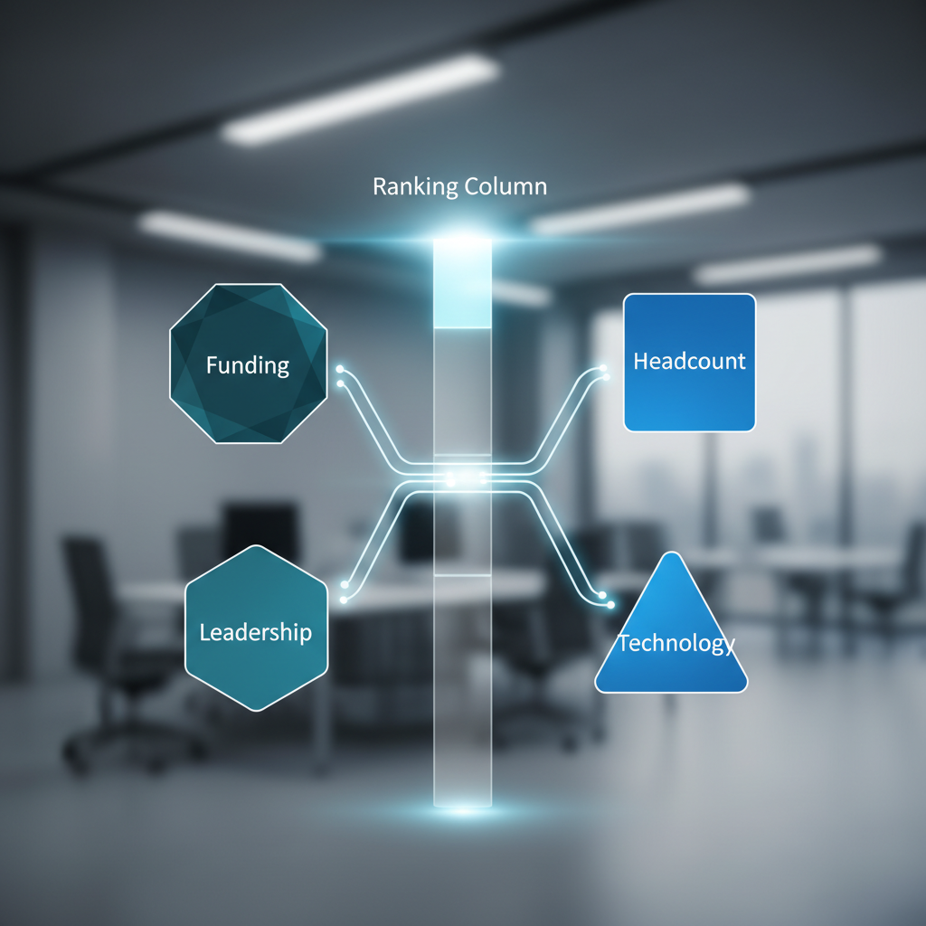 Abstract B2B data illustration showing four geometric shapes or nodes, each representing a different signal category (funding, leadership, headcount, technology), connected by glowing lines flowing into a central ranking column or score bar. Visual metaphor for multiple data streams converging into a single prioritised output. Modern, flat design style, deep teal and electric blue palette. No faces, no brand logos, no readable text.