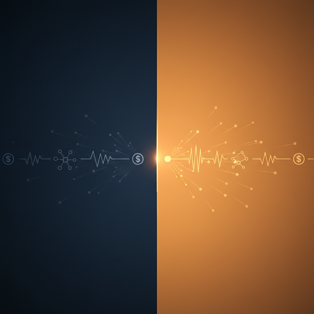 Professional B2B conceptual illustration: a horizontal timeline with a clear split between a dimly lit reactive zone labelled 'job posting appears' and a brightly lit predictive zone 30 days earlier. Abstract signal icons (graph lines, network nodes, funding symbols) emerge from the left side of the timeline. Clean, minimal, corporate colour palette of deep navy and amber. No human faces, no logos, no text.