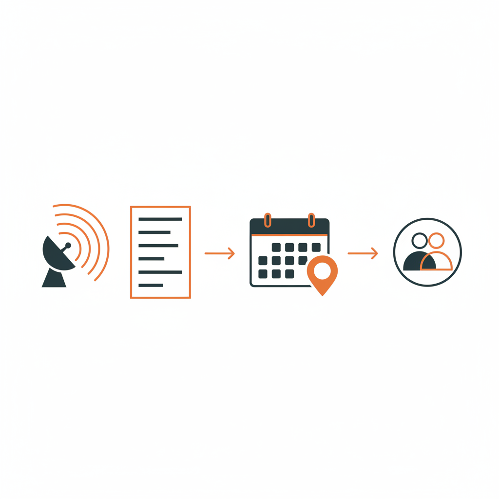 Clean conceptual B2B workflow illustration: a left-to-right pipeline diagram showing signal detection feeding into a filtered list, then into a calendar with an outreach marker, then into a meeting icon. Abstract, geometric, minimal style. Colour palette: white background with dark slate and orange accent. No photorealistic elements, no human figures, no brand references.
