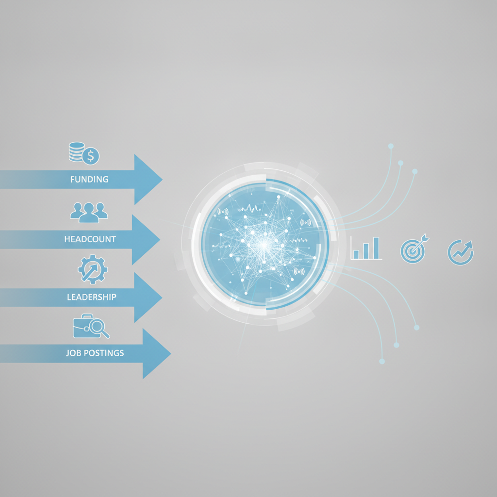 Conceptual diagram showing multiple data streams (funding, headcount, leadership, job postings) flowing into a central analytical hub with patterns and connections highlighted. Use icons and connecting lines to represent signal analysis. Avoid any photorealistic elements or brand imagery.
