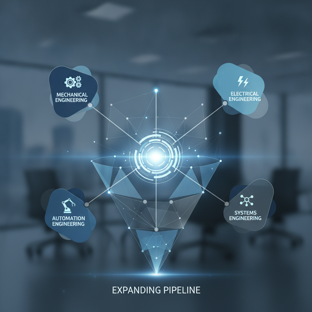 Abstract illustration of a recruitment funnel or pipeline expanding outward, with interconnected nodes representing different engineering disciplines (mechanical, electrical, automation, systems) flowing through a central hub. Use professional blues and grays with subtle geometric shapes. No people or faces.