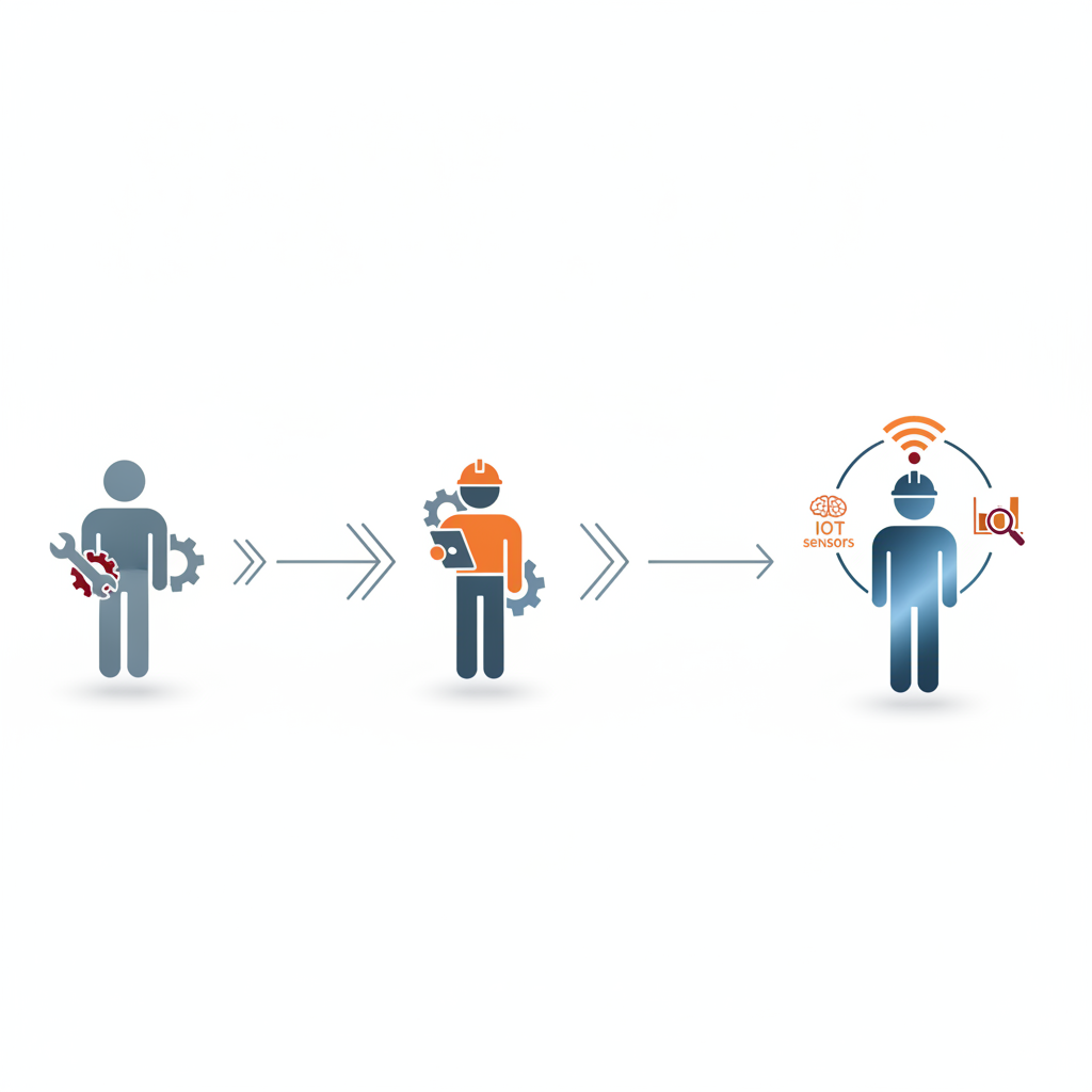 Conceptual diagram showing the evolution of manufacturing roles: traditional manual worker icon transitioning through arrows into modern technician profile requiring IoT sensors, AI, and data analytics knowledge. Use icons and symbols rather than realistic representations. Clean, minimalist style with industrial color palette.