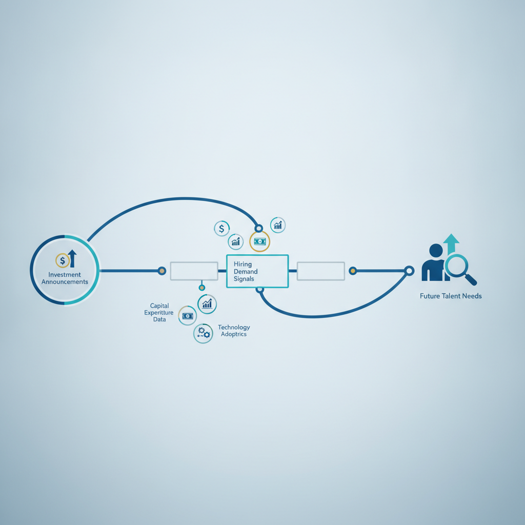 Strategic business intelligence visualization: a timeline or roadmap showing investment announcements flowing into hiring demand signals, with capital expenditure data points and technology adoption metrics feeding into future talent needs. Abstract, dashboard-style layout with icons, charts, and connecting lines. No people. Try to make it simple and not too busy.