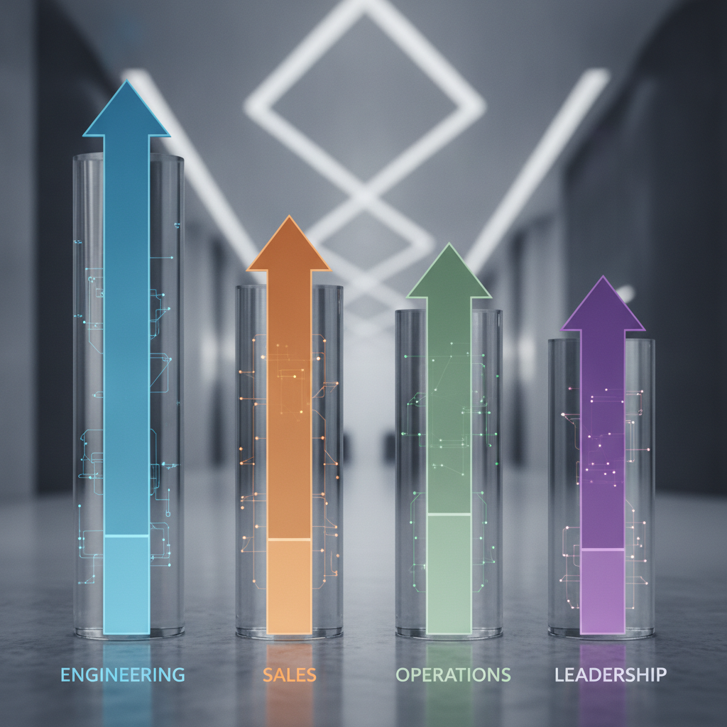 Conceptual diagram showing three or four vertical department pillars or sections (labeled abstractly as Engineering, Sales, Operations, Leadership) with different heights and growth rates indicated by arrows or bar visualizations. Use color coding to show variance in hiring intensity across functions. Clean, corporate design language, no people or faces.
