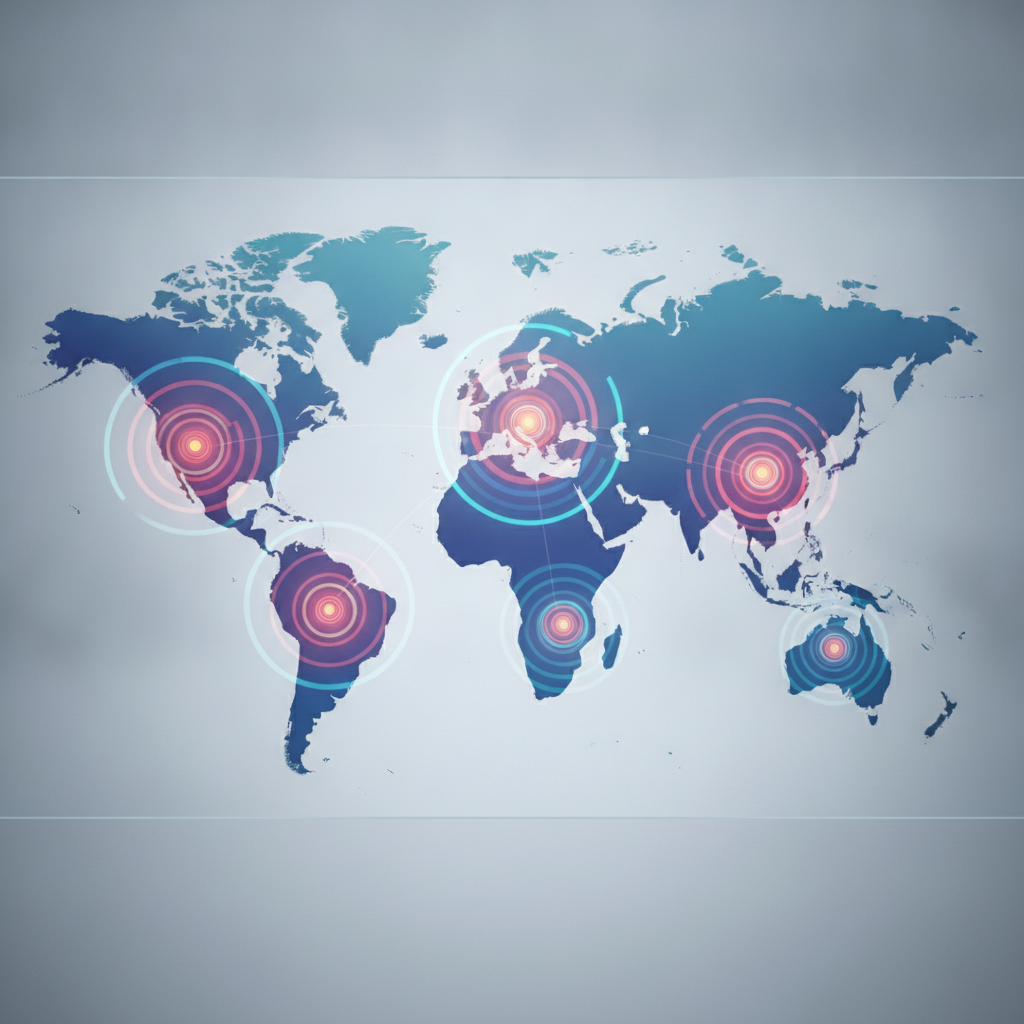 Minimalist world map or globe visualization with highlighted regions or cities marked by expanding circles or heat signatures, representing geographic hiring clusters and market expansion signals. Use professional color palette with emphasis on data visualization style. No place names, realistic imagery, or human elements.