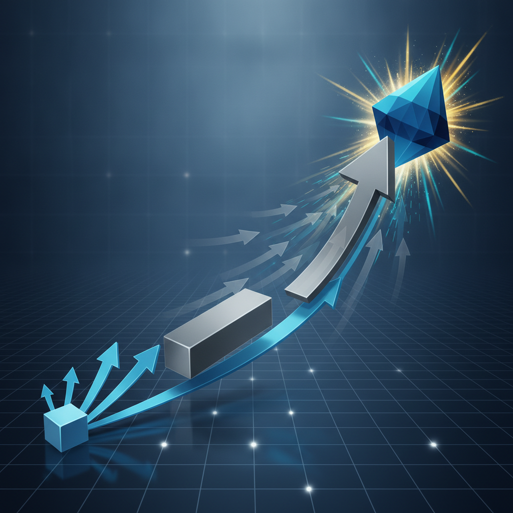 Abstract illustration of a business growth trajectory shown as an ascending chart or graph line, with geometric shapes representing companies at different scales—a small shape growing larger, a medium shape expanding further—all connected by upward arrows or acceleration vectors. Use professional blues, grays, and accent colors. No people, faces, or realistic elements.