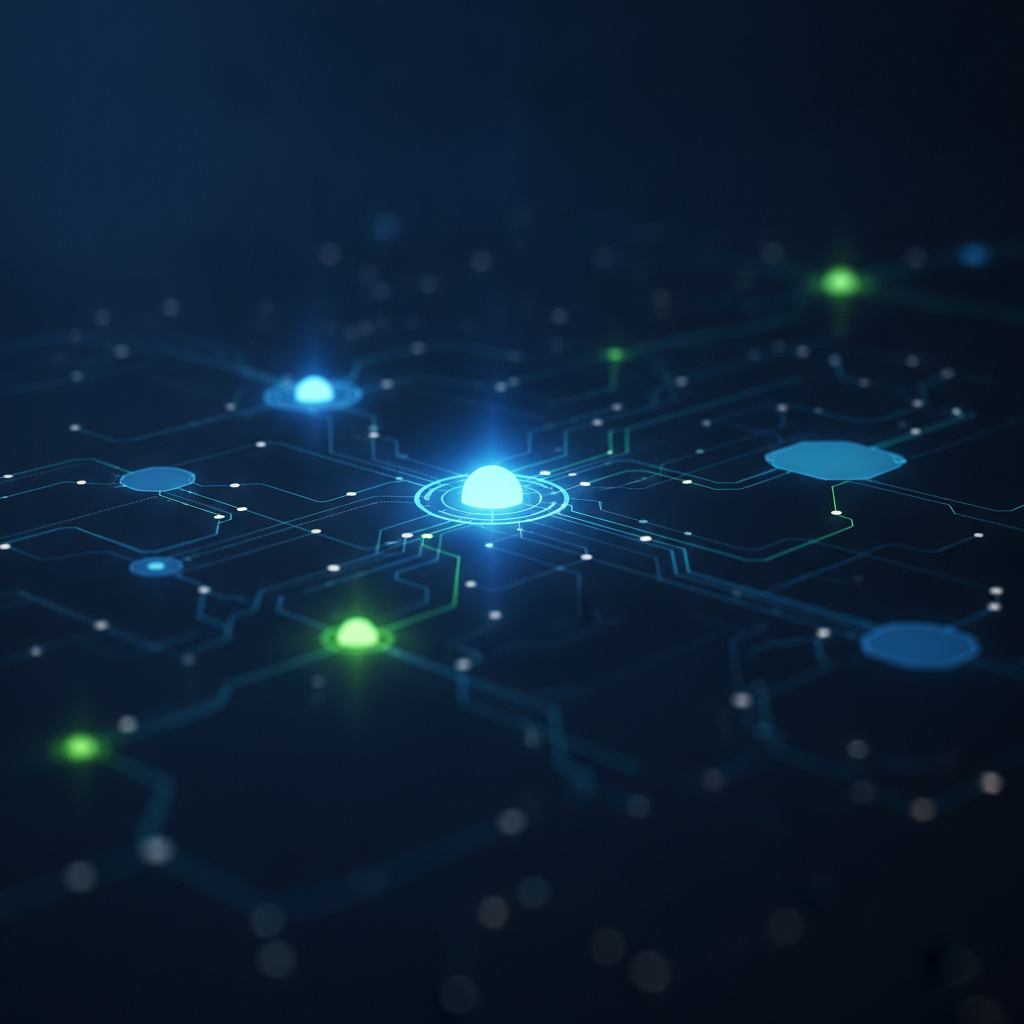 Abstract illustration of a network of interconnected nodes and data points flowing across a digital landscape, with some nodes glowing brightly to represent early hiring signals emerging before traditional job postings. Use subtle blues, greens, and whites against a dark background to convey discovery and insight.