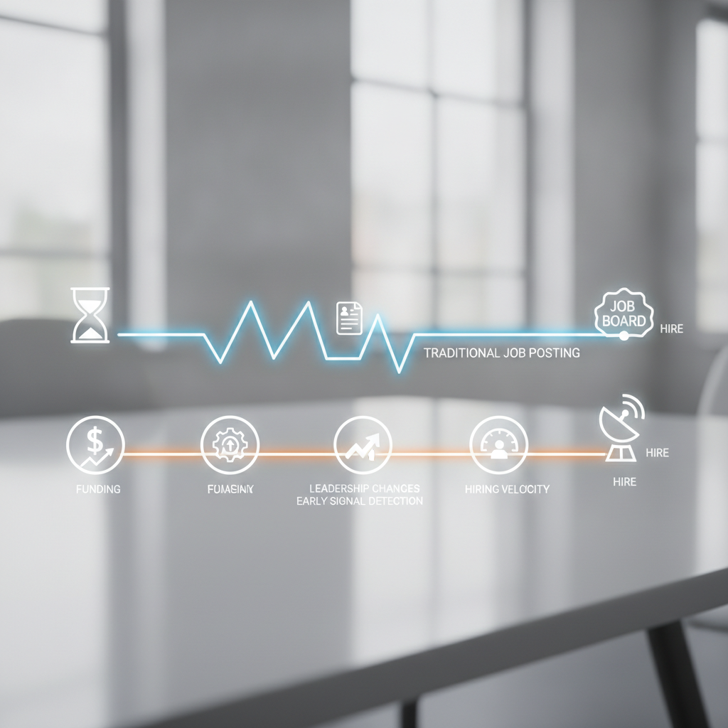 Conceptual timeline visualization showing two parallel paths: one representing the traditional job posting discovery process and another showing early hiring signal detection, with the latter arriving weeks earlier. Use icons for funding, leadership changes, and hiring velocity to represent different signal types along the timeline.