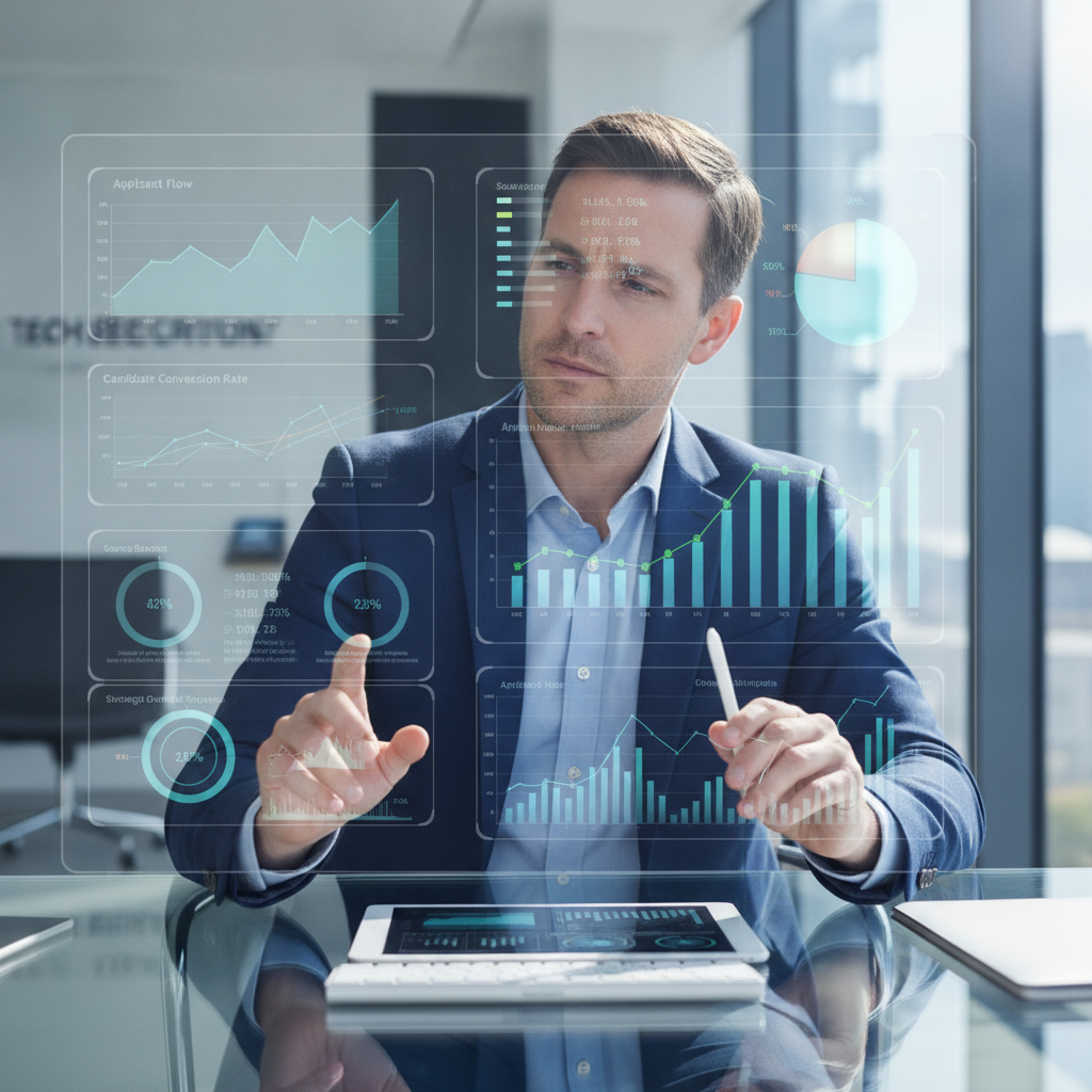 Illustration of a recruitment professional or business development specialist analyzing multiple data streams on a dashboard or analytics interface, with charts, graphs, and signal indicators displayed. Show the figure interpreting patterns and making strategic decisions based on visual data metrics.