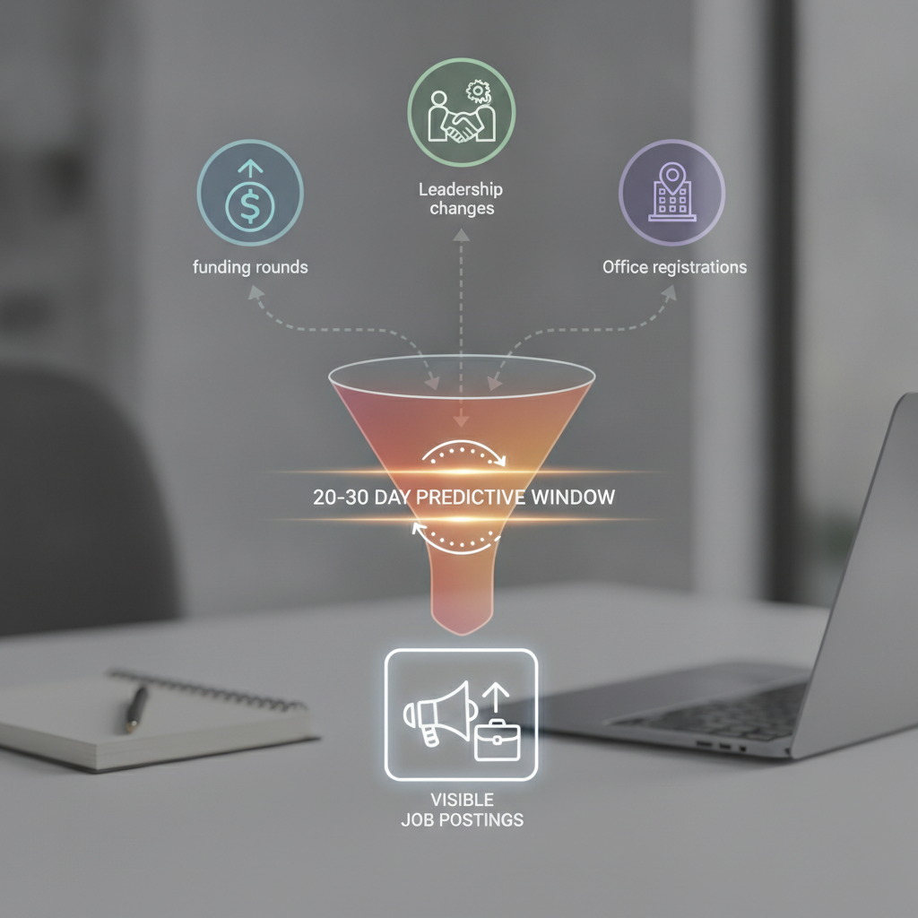 Abstract illustration of a timeline or funnel showing the progression from hidden hiring signal events to visible job postings, with icons representing funding rounds, leadership changes, and office registrations flowing downward, emphasizing the 20-30 day predictive window before public job openings appear