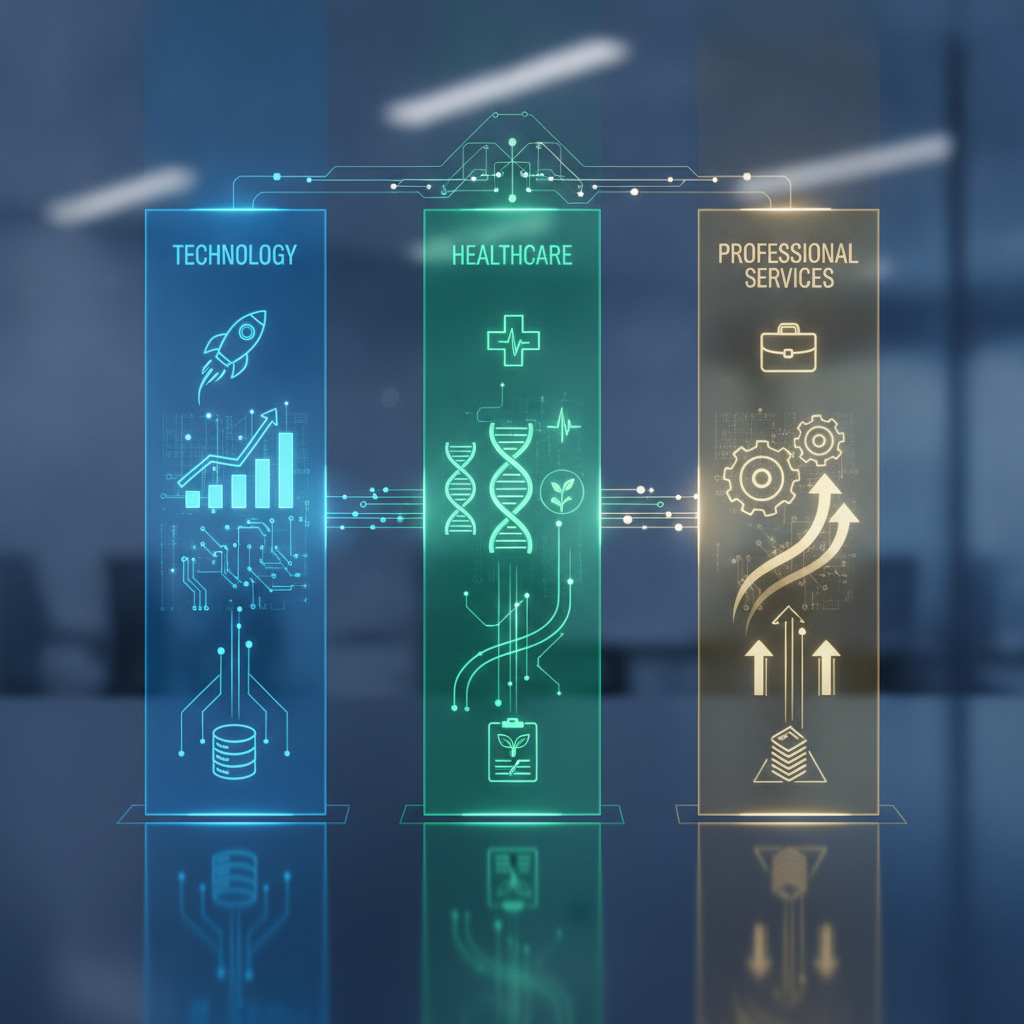Conceptual diagram showing three distinct vertical sectors (technology, healthcare, and professional services) as separate columns or segments, each with different hiring signal indicators and growth patterns illustrated through abstract icons and connecting lines