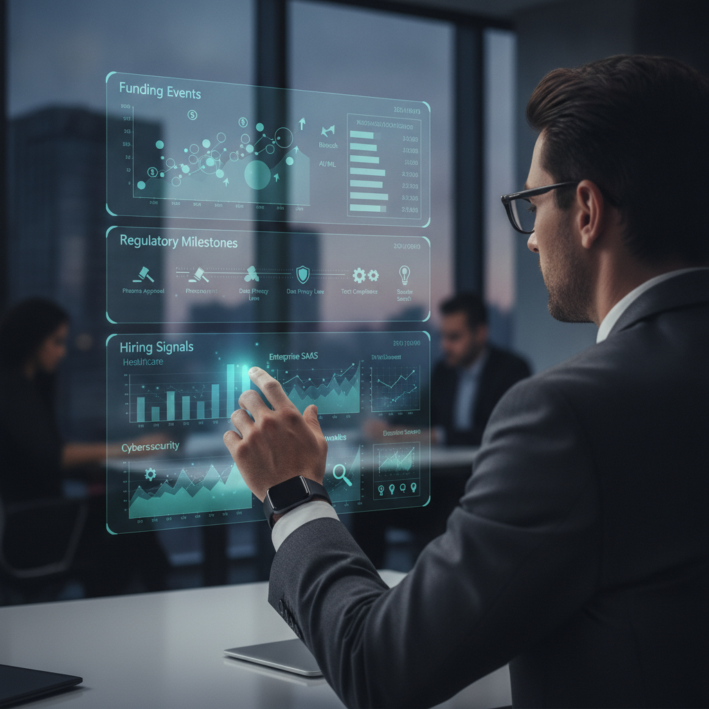 Strategic illustration depicting a recruitment agency professional analyzing market data on a dashboard or interface, with layers of information including funding events, regulatory milestones, and hiring signals organized by industry vertical, showing data-driven decision making without showing facial features