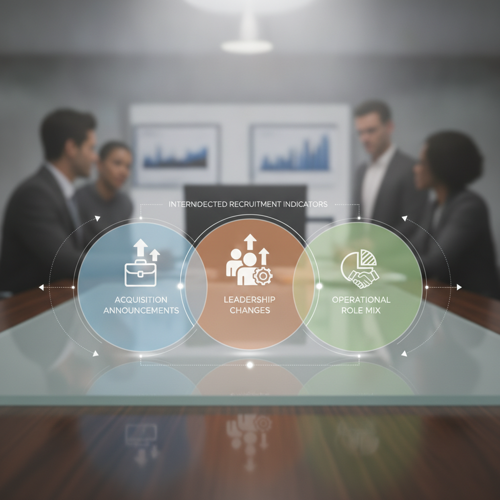 Conceptual diagram showing three overlapping circles representing different hiring signal categories (acquisition announcements, leadership changes, operational role mix) with icons and connecting elements, illustrating interconnected recruitment indicators