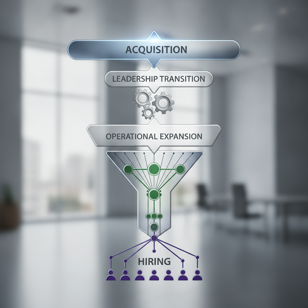 Abstract illustration of a timeline or funnel showing the PE acquisition lifecycle stages (acquisition, leadership transition, operational expansion, hiring) with interconnected nodes and arrows, no human figures, conveying predictable hiring progression