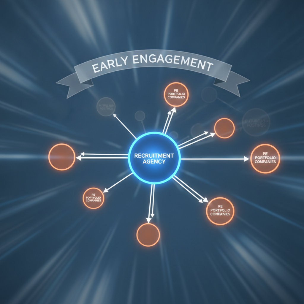Strategic visualization of a recruitment agency reaching out to PE portfolio companies ahead of job postings, depicted as network nodes with bidirectional communication lines, representing the competitive advantage of early engagement