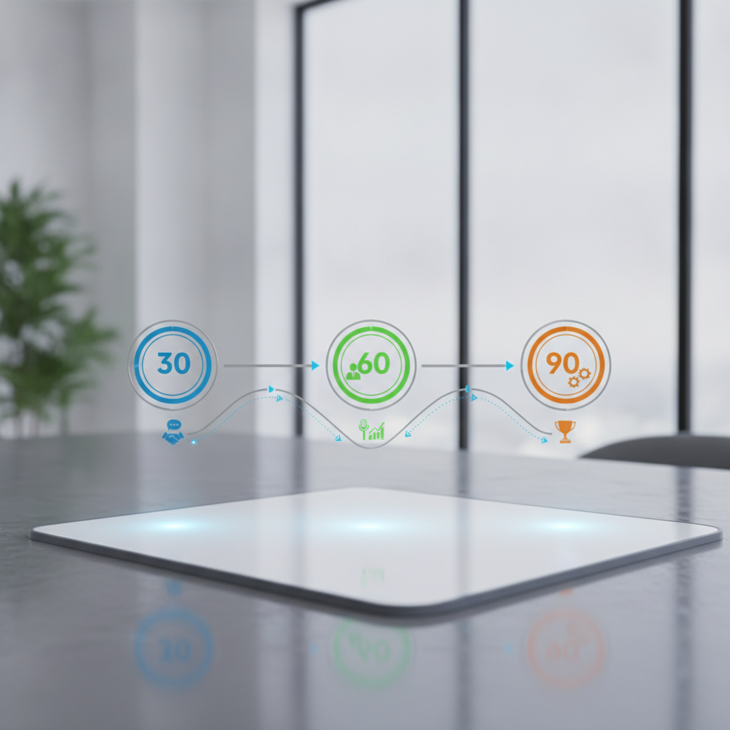 Conceptual diagram showing a timeline with three circular checkpoints at 30, 60, and 90 days, connected by a continuous line, with icons representing communication touchpoints and relationship building activities, illustrating the retention cadence cycle