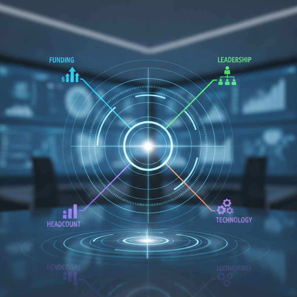 Conceptual illustration of a radar or intelligence dashboard interface displaying multiple data signals (funding, leadership, headcount, technology) converging toward a central target, symbolizing proactive market intelligence and early detection of client hiring needs