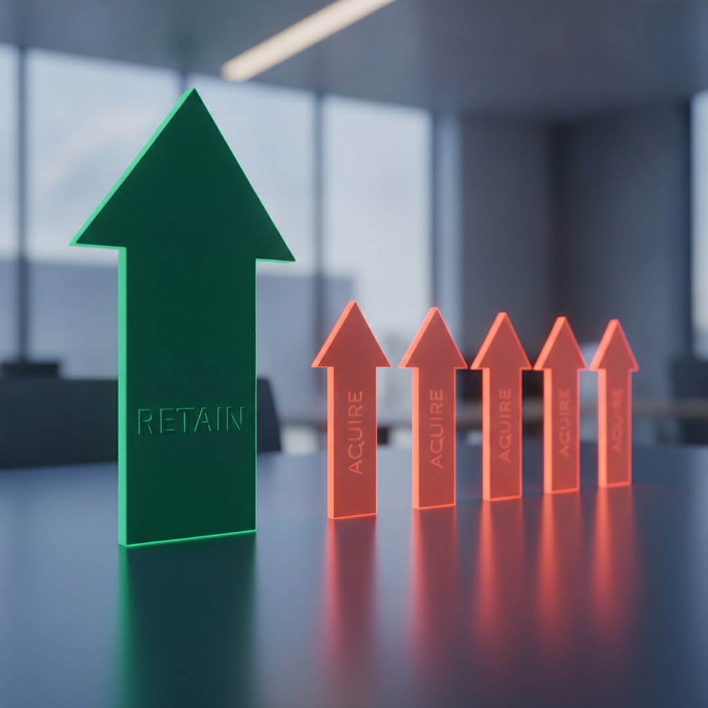 Abstract conceptual illustration showing a cost comparison visualization: a single large upward arrow labeled 'Retain' next to five smaller upward arrows labeled 'Acquire', with the retained arrow in a contrasting color, symbolizing the cost efficiency of client retention versus new client acquisition in B2B recruitment