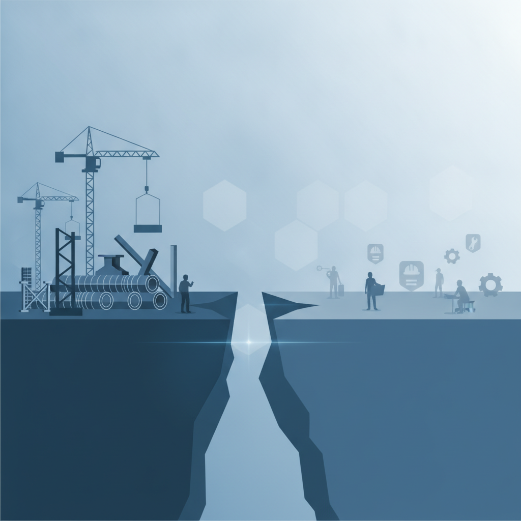 Abstract illustration of a construction industry supply-demand imbalance: a large gap or chasm between two sides, one side showing construction project infrastructure symbols (cranes, blueprints, structural elements) and the other side showing a sparse pool of worker silhouettes or skill badges, representing the skilled labour shortage. Use geometric, minimalist design with professional colour palette of blues and grays.