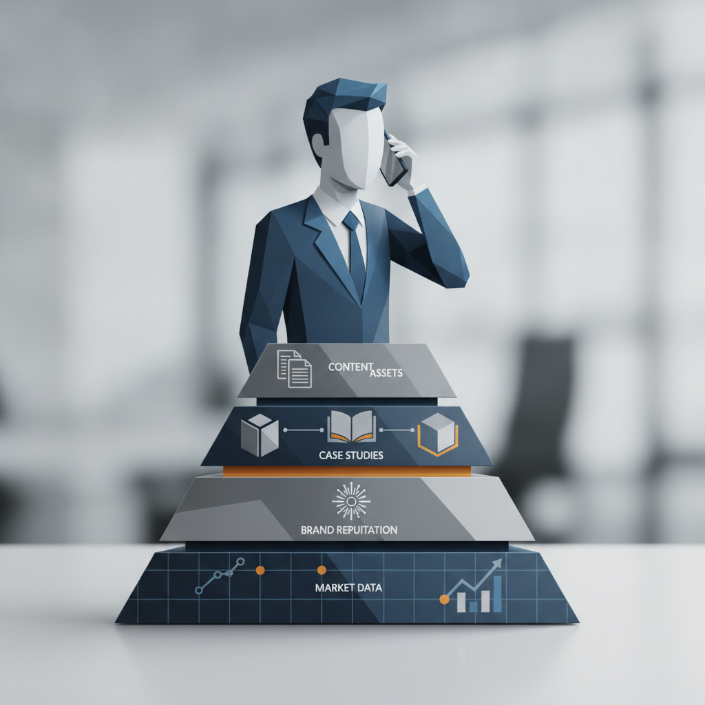 Abstract illustration showing a business development consultant making an outbound call, with visual elements representing layers of support beneath them: content assets, case studies, brand reputation, and market data. Use geometric shapes and professional color palette to convey foundational infrastructure. No human faces visible.