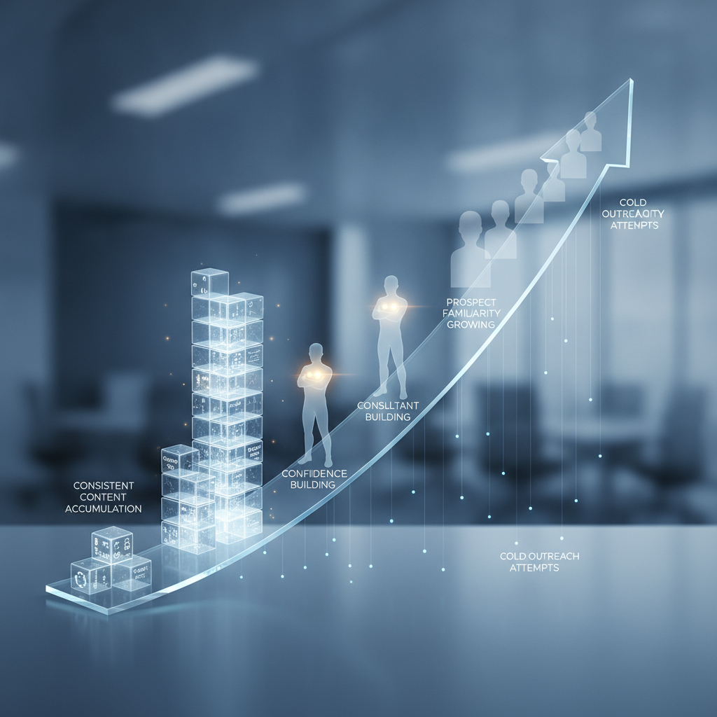 Visual representation of recruitment marketing velocity: a timeline or upward trajectory showing how consistent content accumulation reduces the number of cold outreach attempts needed over time. Include symbolic elements like content pieces stacking, consultant confidence building, and prospect familiarity growing. Abstract, professional style.