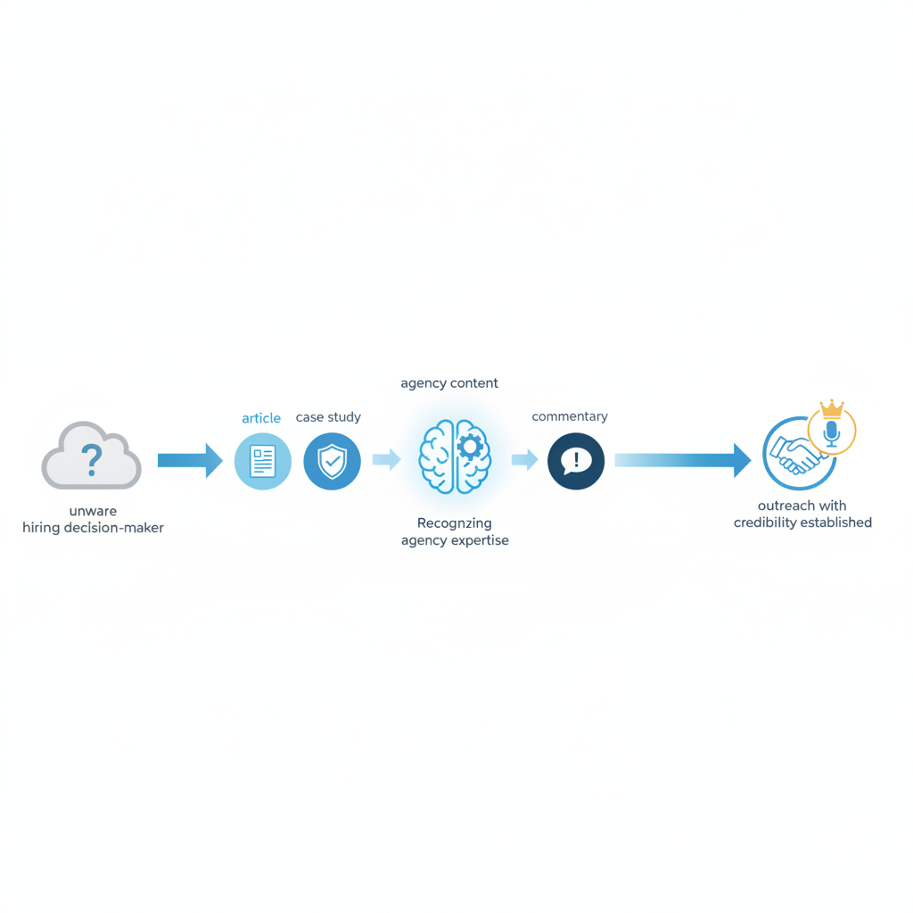 Conceptual diagram showing the path of a prospect's awareness journey: icons representing hiring decision-maker initially unaware, then encountering agency content (article, case study, commentary), then recognizing agency expertise, finally receiving outreach with credibility already established. Use arrows and abstract symbols, no portraits.